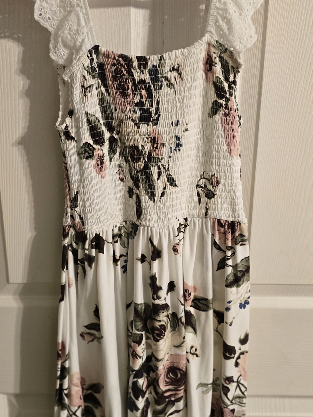 Smocked White Floral Mini Dress with Pink & Green Roses